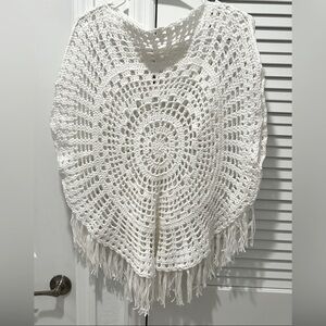 Women’s Handmade White Crochet Poncho with Fringe, One Size
